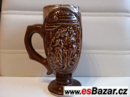 starý keramický půllitr hnědá glazura, 17 cm. – fotografie 1