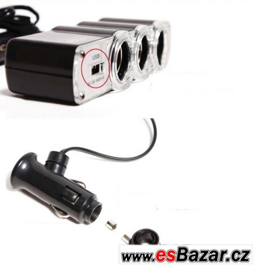 Auto zástrčka 3v1 s USB slotem,12V CL roztrojka do auta nová – fotografie 4