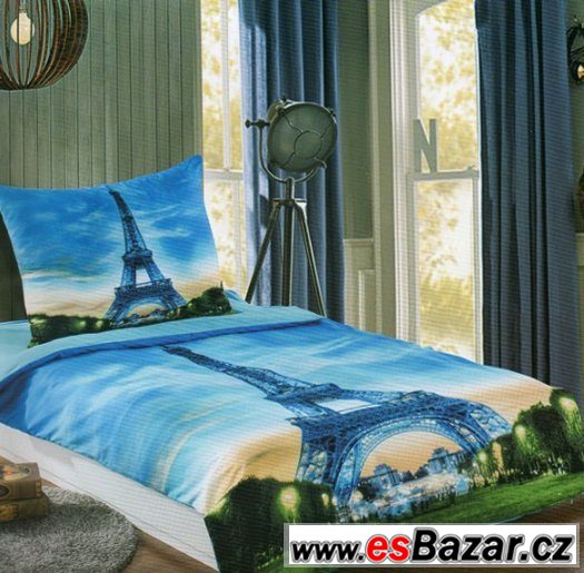 Moderní bavlněné povlečení s 3D efektem,,MICRO´´ Paříž- modr – fotografie 1