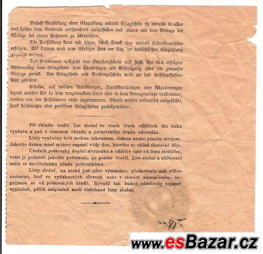 Peněžní c.k. poštovní stvrzenka z roku 1905 – fotografie 2