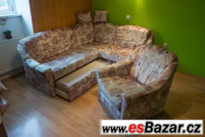 Sedací souprava a křeslo (rozkladatelná + úložný prostor)