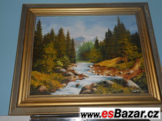 Lesní potok - olejomalba na plátně - dřevěný rám 630x530mm – fotografie 1