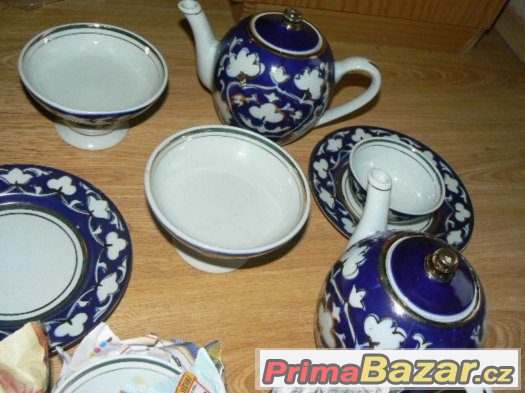 starožitný velký porcelánový modrý servis kobalt Uzbekistán – fotografie 2