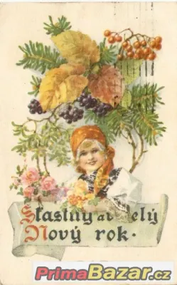 Starý pohled, šťastný Nový rok, 1929, staré známky,