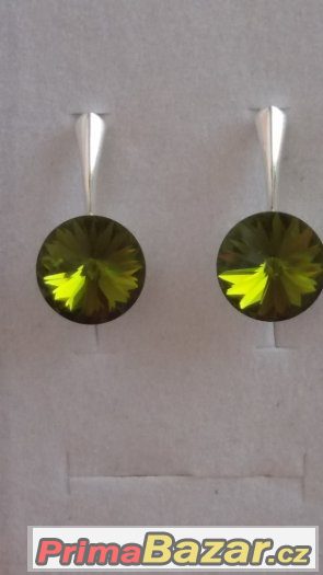Stříbrné náušnice se Swarovski Rivoli, olivine, 12 mm, nové – fotografie 1