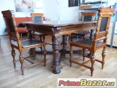 Starožitný stůl ořech + 4 židle, kolem r.1880