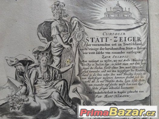 Vzdálenostník, barokní rytina, Homann r. 1740 – fotografie 2