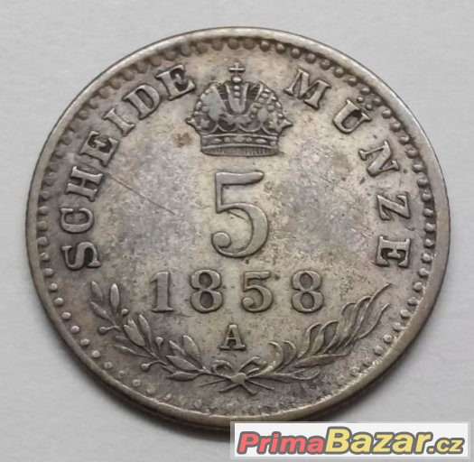 5 krejcarů 1858 A, František Josef I., Vídeň – fotografie 1
