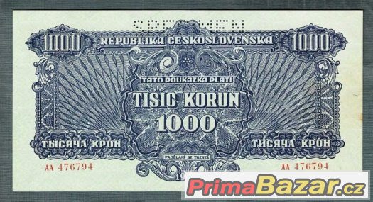 Staré bankovky - 1000 korun 1944, pěkný stav – fotografie 1