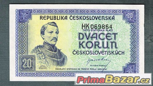 Staré bankovky - 20 kčs 1945 pěkný stav – fotografie 1