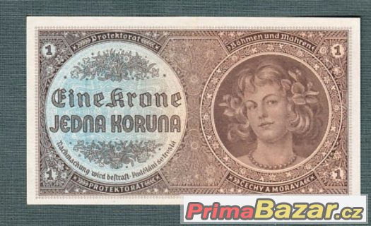 Staré bankovky - Protektorát 1 koruna 1940, pěkný stav – fotografie 1