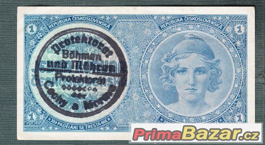 Staré bankovky - Protektorát 1 koruna 1940 PŘETISK – fotografie 1