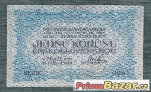 Staré bankovky - 1 koruna 1919 pěkný stav – fotografie 1