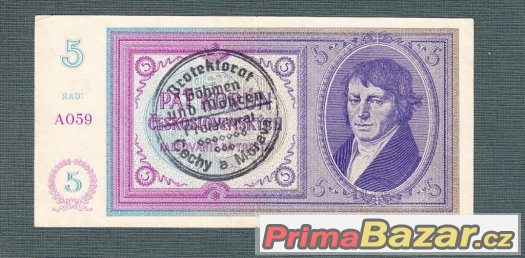 Staré bankovky - 5 korun 1940 Přetisk , Vzácná – fotografie 1