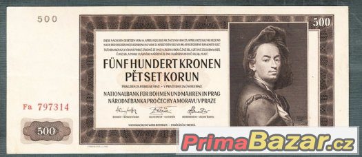 Staré bankovky - 500 korun 1942 NEPERFOROVANA pěkný stav, – fotografie 1