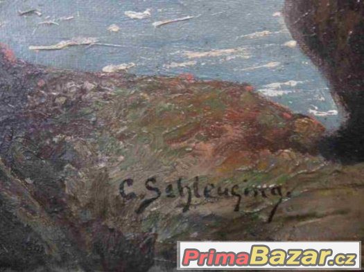 C. Schleuning - Jezero v horách - starý olej na plátně. – fotografie 3
