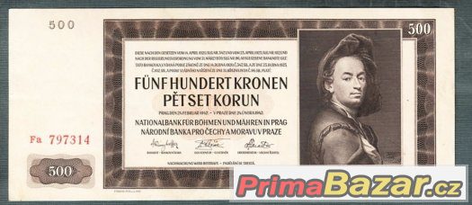 Staré bankovky - 500 korun 1942 NEPERFOROVANA pěkný stav – fotografie 1