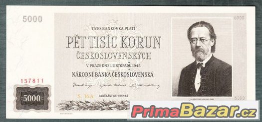 Staré bankovky - 5000 kčs 1945 Smetana bezvadný stav – fotografie 1