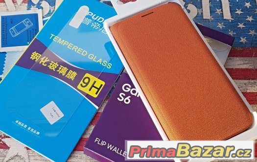Samsung S6 G920 Flip Pouzdro oranžové + Ochranné Sklo – fotografie 1