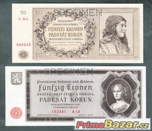 Staré bankovky - 50 korun 1940 a 1944 OBĚ VERZE – fotografie 1