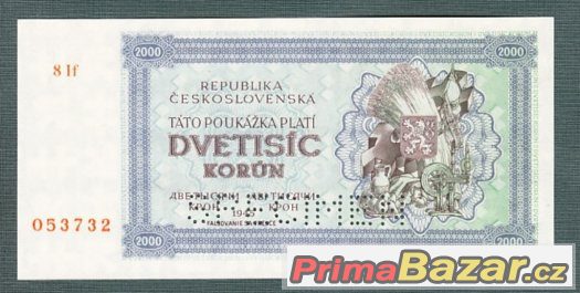 Staré bankovky - 2000 kčs 1945 , bezvadný stav – fotografie 1