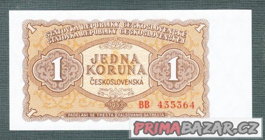 Staré bankovky - 1 kčs 1953 UNC NEPERFOROVANA – fotografie 1