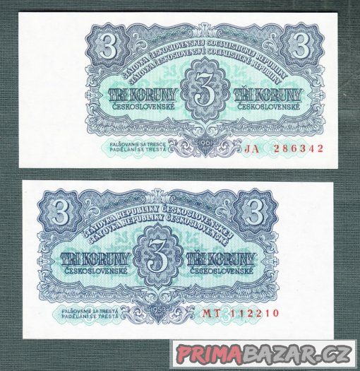 Staré bankovky - 3 kčs 1953 a 1961 OBĚ VERZE – fotografie 1