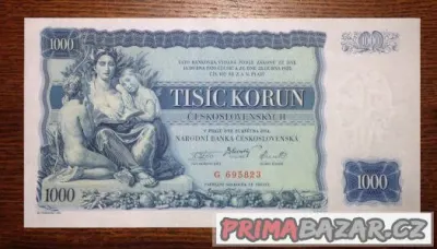 Staré bankovky 1000 korun 1934 NEPERFOROVANA skoro bezvadná,