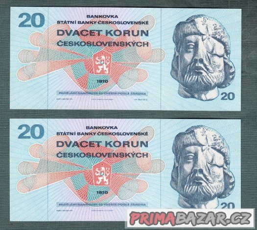 Staré bankovky - 20 kčs 1970 DVĚ PO SOBĚ , bezvadný stav UNC – fotografie 1