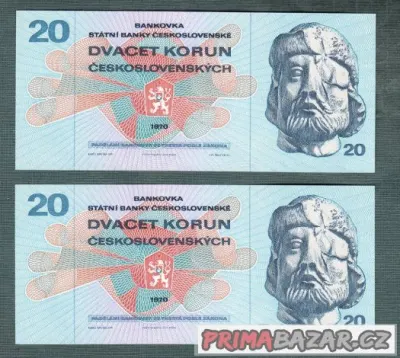 Staré bankovky - 20 kčs 1970 DVĚ PO SOBĚ , bezvadný stav UNC