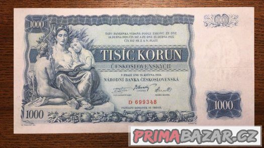 Staré bankovky - 1000 korun 1934 VZÁCNÁ - JINÁ BARVA – fotografie 3