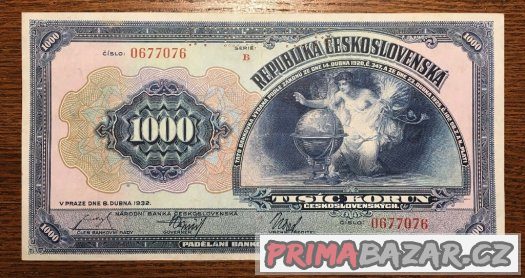 Staré bankovky - 1000 korun 1932 velmi pěkný stav – fotografie 1