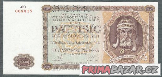 Staré bankovky Slovensko 5000 sk 1944 , skoro bezvadný stav – fotografie 1