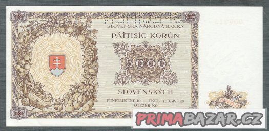 Staré bankovky Slovensko 5000 sk 1944 , skoro bezvadný stav – fotografie 2