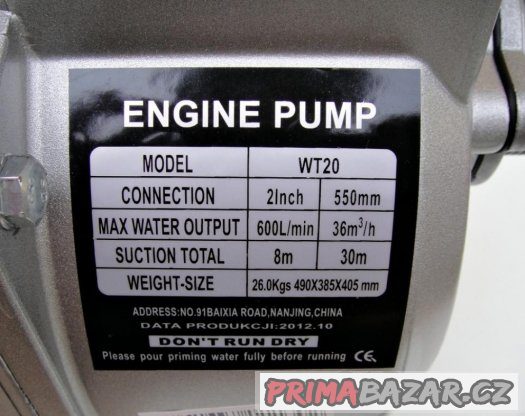 Benzínové čerpadlo na vodu 2" 600L/min 5,5Kw – fotografie 3