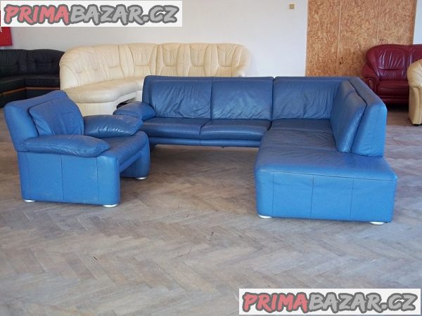 Kožená rohová sedací souprava sedačka modrá - pravá kůže