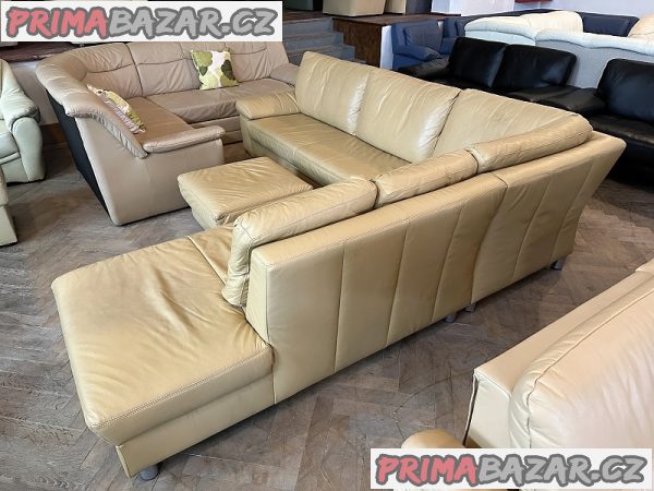 358 Kožená rohová sedací souprava sedačka + taburet béžová – fotografie 2