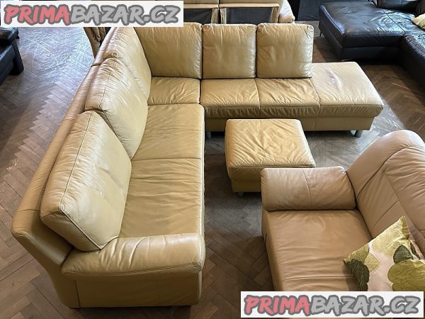 358 Kožená rohová sedací souprava sedačka + taburet béžová – fotografie 4